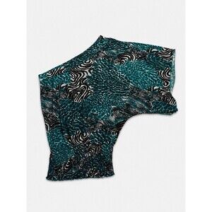 YomYom Women’s Large One Shoulder Teal Black Animal Print Stretch Blouse Top